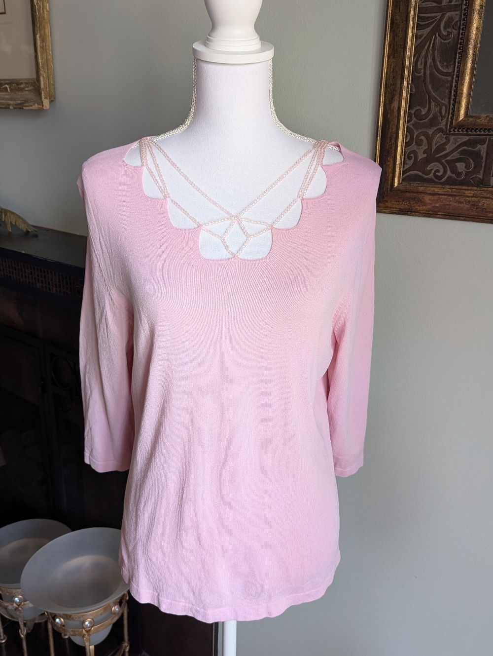 Victor Costa Occasion Knit Top Women's Large  Pink Beaded Neckline 3/4 Sleeve